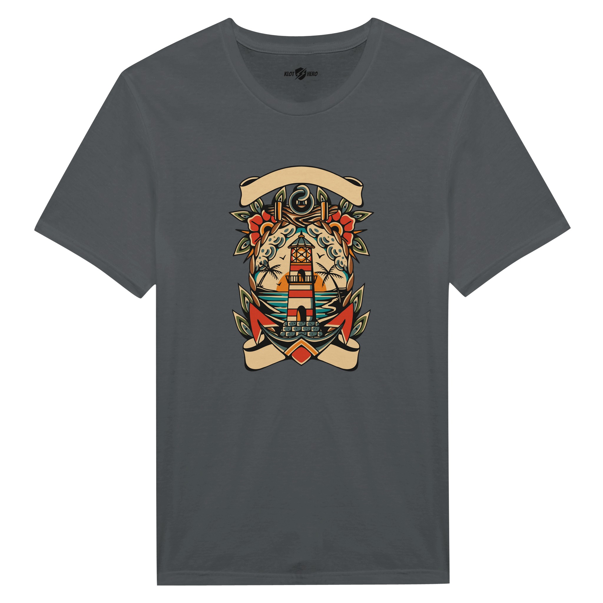 T-shirt Uomo Tattoo Old School con Faro e Mare - Klothero