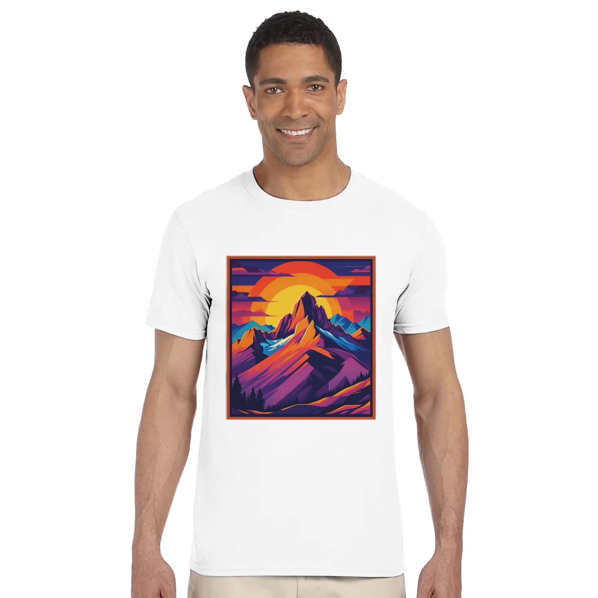 T-shirt Uomo Cotone Stampa Montagna al Tramonto - Klothero