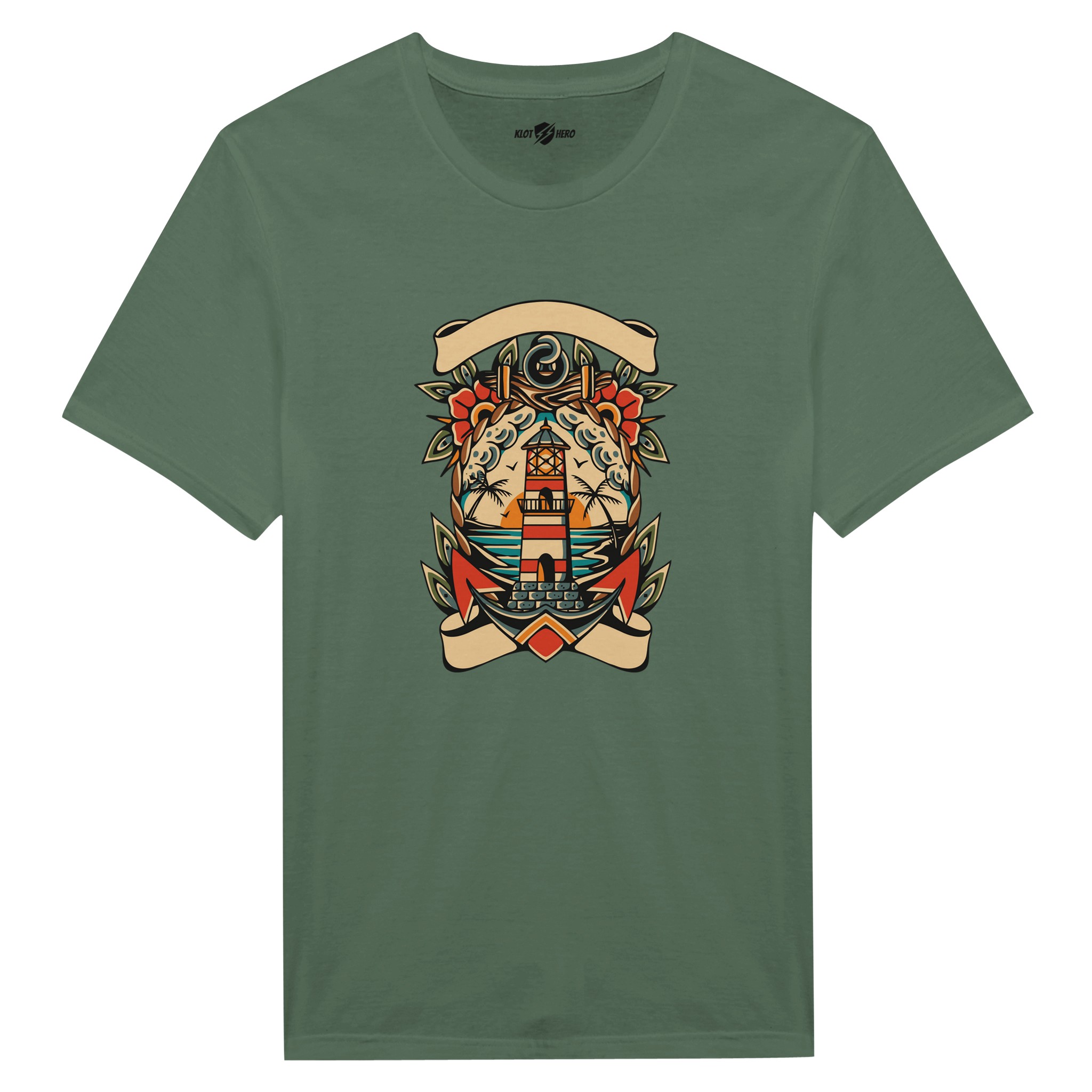 T-shirt Uomo Tattoo Old School con Faro e Mare - Klothero